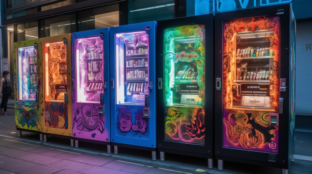 Vending machine offering snacks in a bustling urban area