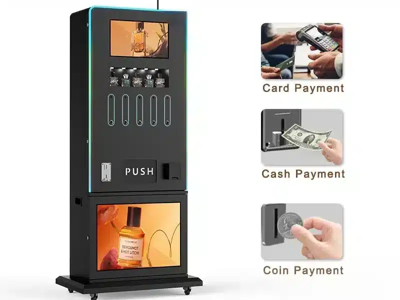 Luxury perfume vending machines with digital touch screen and cashless payment in high-end shopping mall.