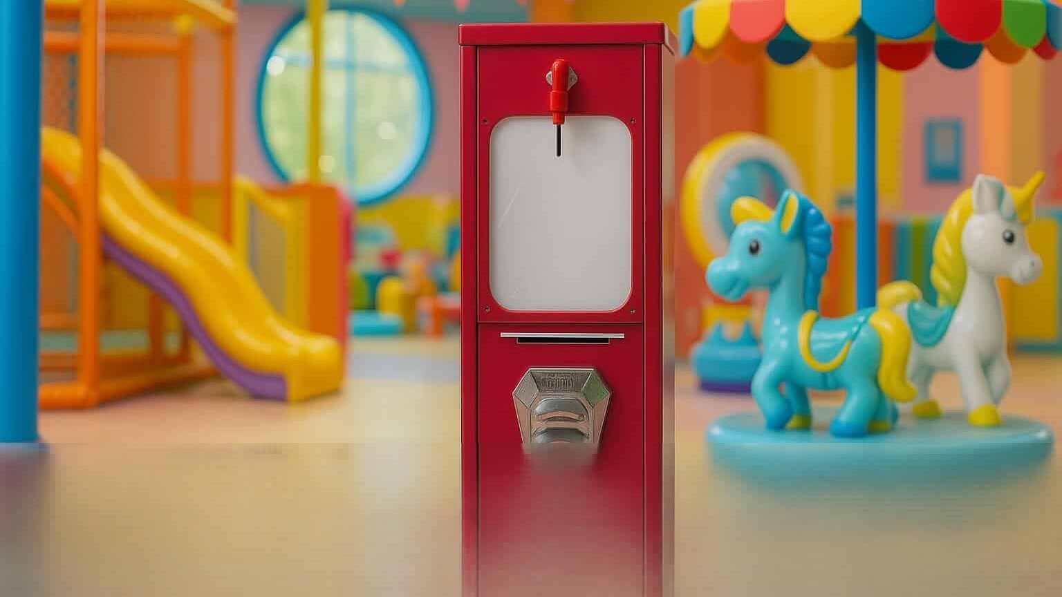 Mini sticker vending machine installed near an indoor playground