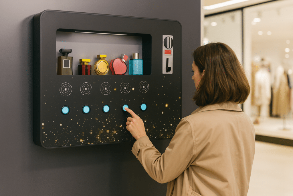 Coin-operated perfume vending machine in a shopping mall, designed for high-traffic areas.