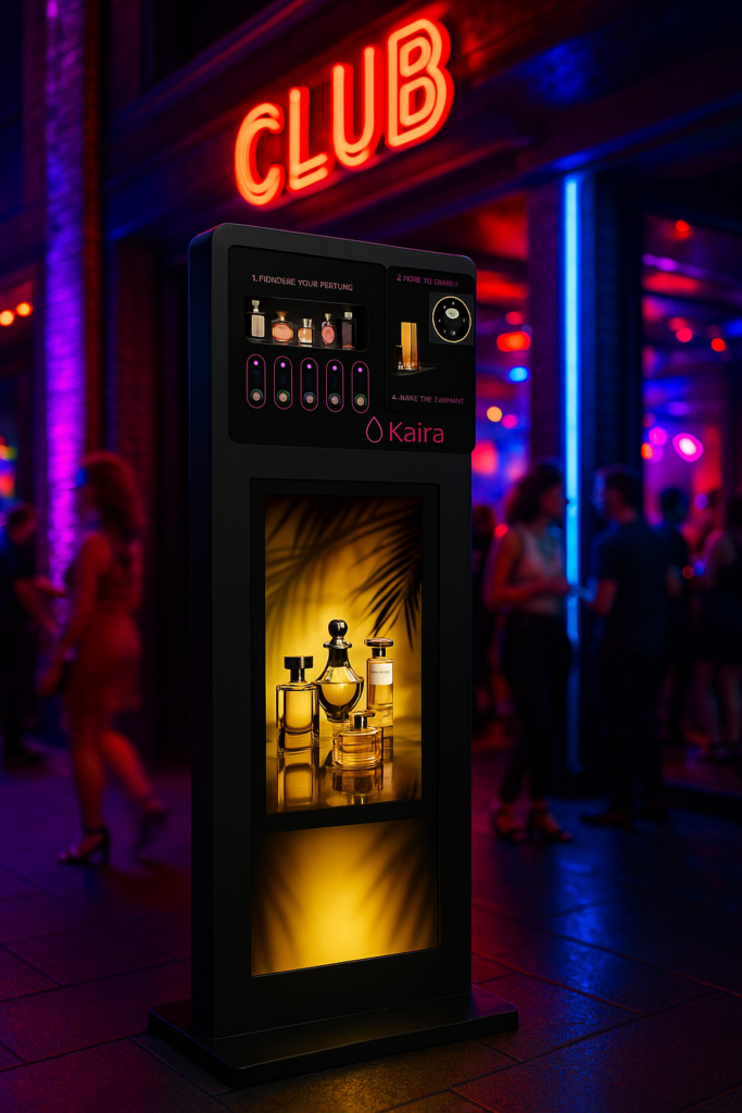 Perfume vending machine at a nightclub entrance with LED lighting