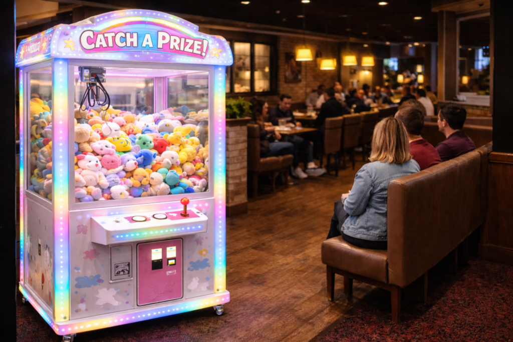 Claw machine placed near a restaurant waiting area