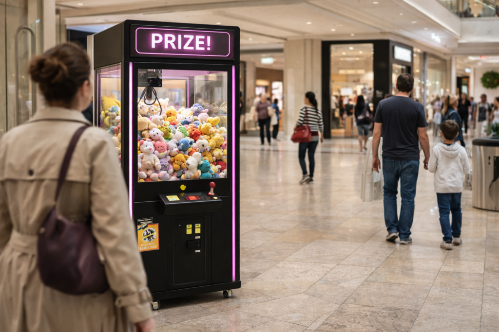 Claw machine installed in a shopping mall public area
