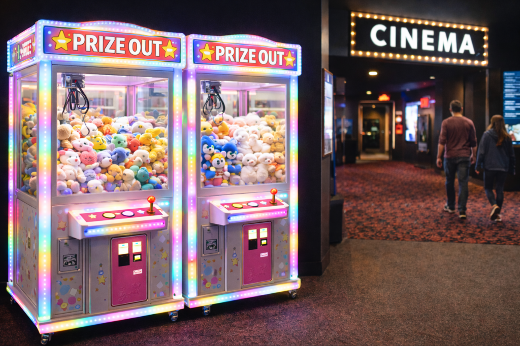 Claw machine near a cinema entrance with LED lighting