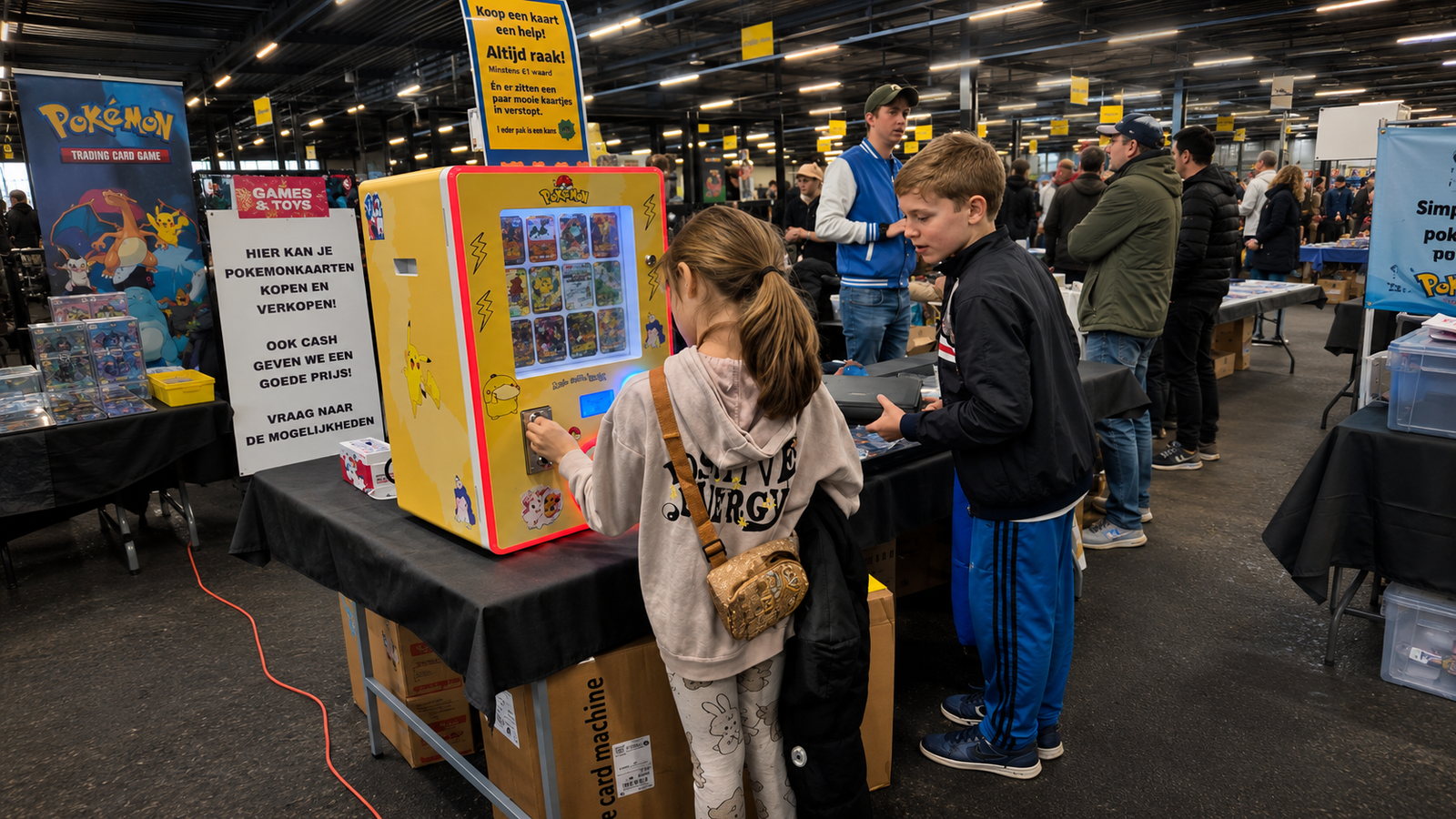 Child using a Pokémon card vending machine at a US trading card convention